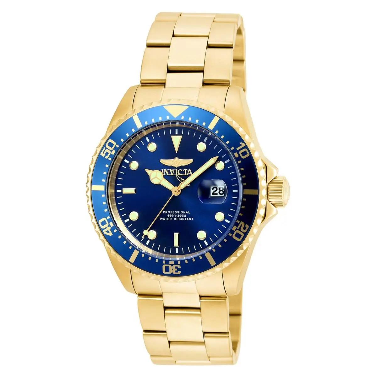 Invicta Men`s Watch Pro Diver Quartz Blue Dial Yellow Gold Steel Bracelet 22063