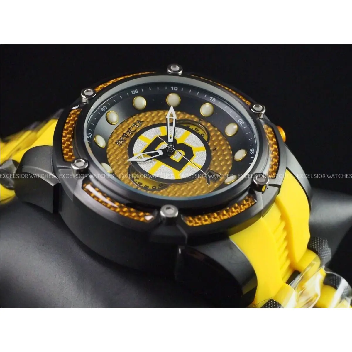 Invicta Nhl Retro 52mm Quartz Chronograph Glass Fiber Yellow Black SS Watch - Dial: Multicolor, Band: Black, Yellow, Bezel: Multicolor