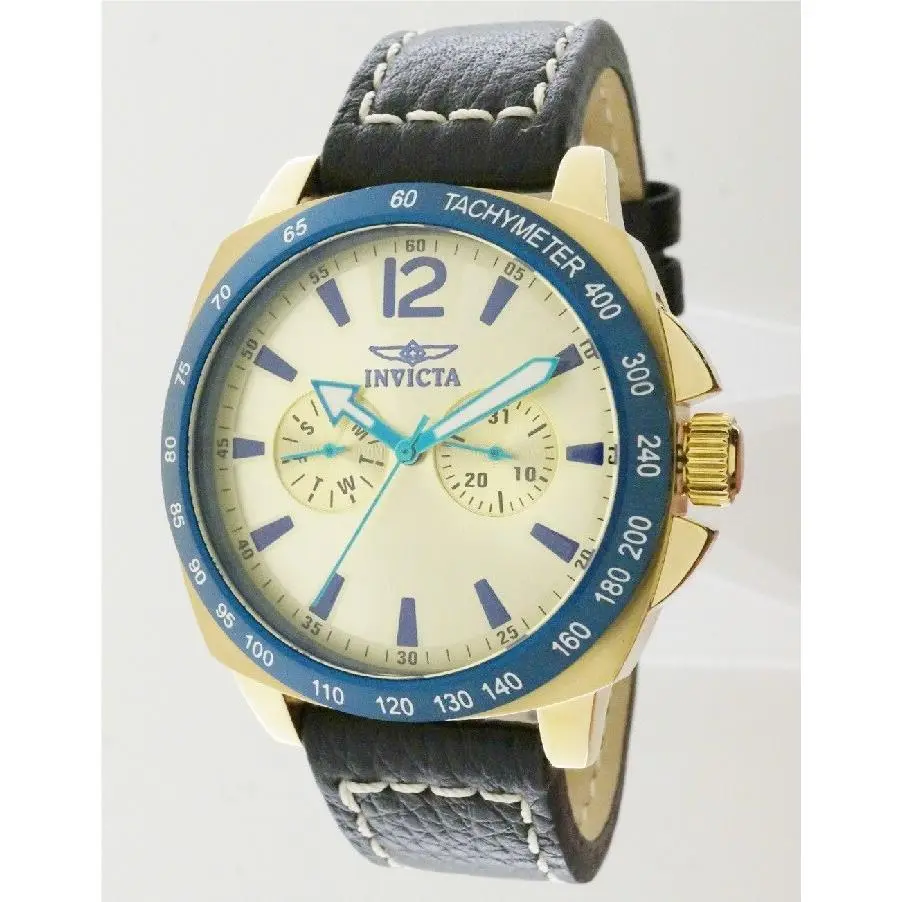 Invicta 10294 Mens Dress Day Date Gold Dial Black Leather Strap Watch