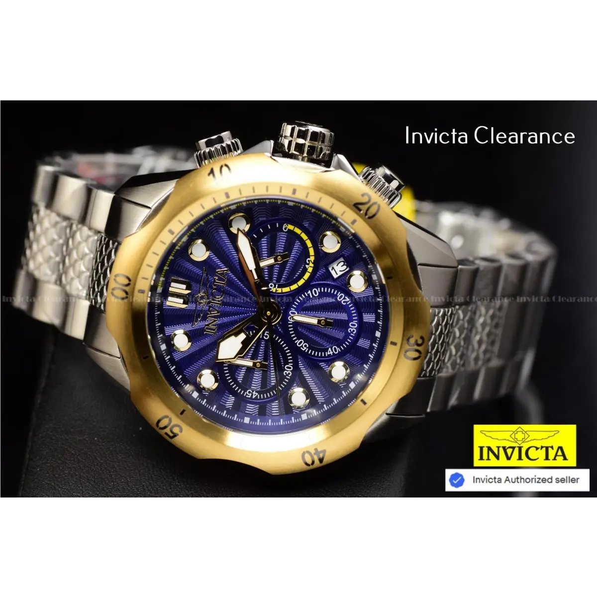 Invicta Men`s Venom Steelshed 46mm Chronograph Blue Dial Silver Tone SS Watch - Dial: Blue, Navy Blue, Band: Silver, Bezel: Gold