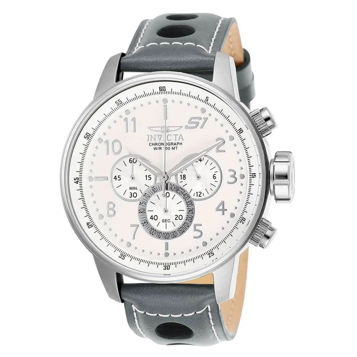 Men`s Chronograph Watch - S1 Rally White Dial Grey Leather Strap 25723 by Invicta