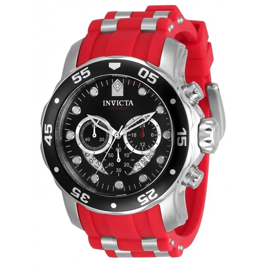 Invicta Pro Diver Chronograph Gmt Quartz Black Dial Men`s Watch 34009 - Dial: Black, Band: Two-tone (Red and Silver-tone), Bezel: Silver-tone