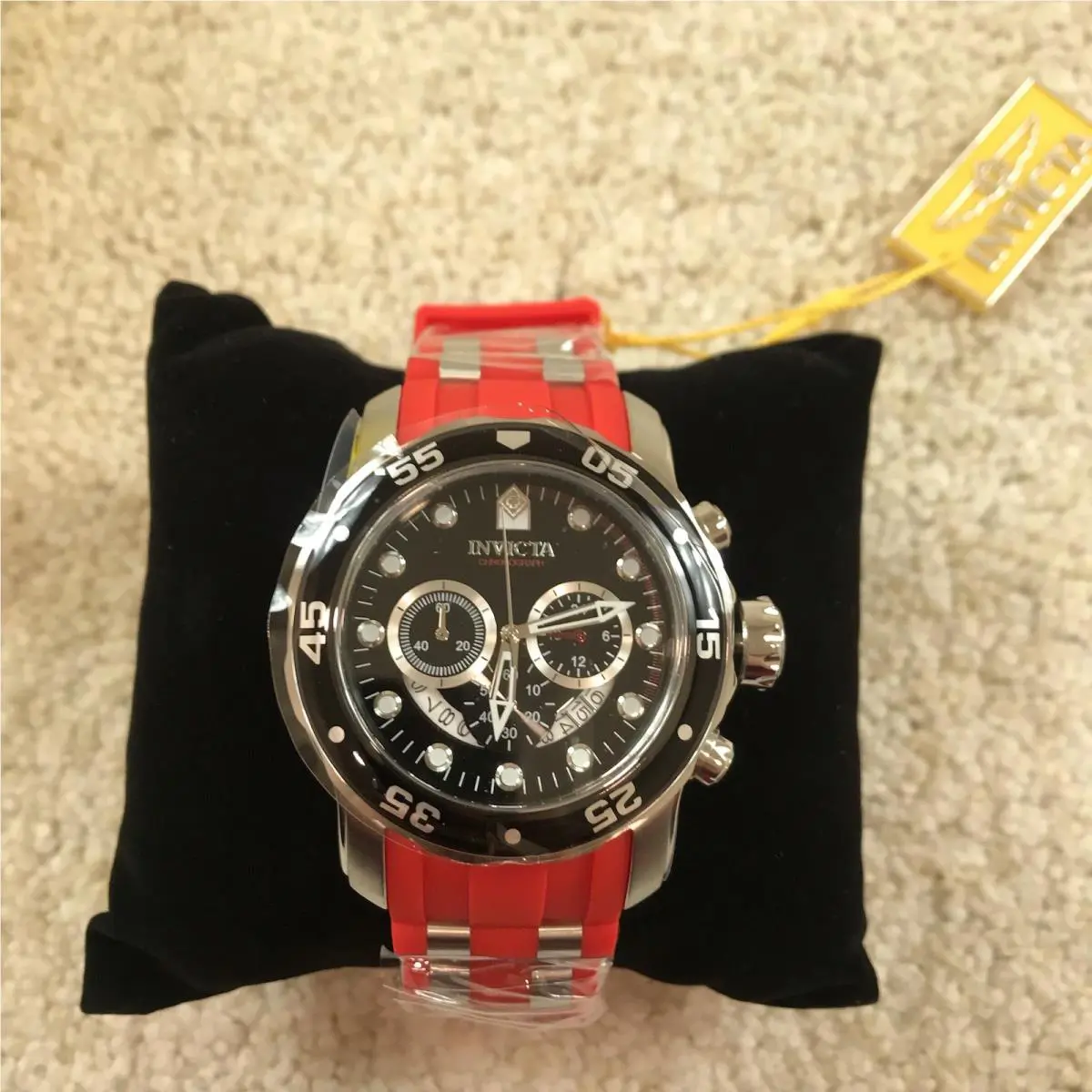 Invicta Pro Diver Scuba Quartz Red Black Mens Watch 34009 - Dial: Black, Band: Red, Bezel: Black