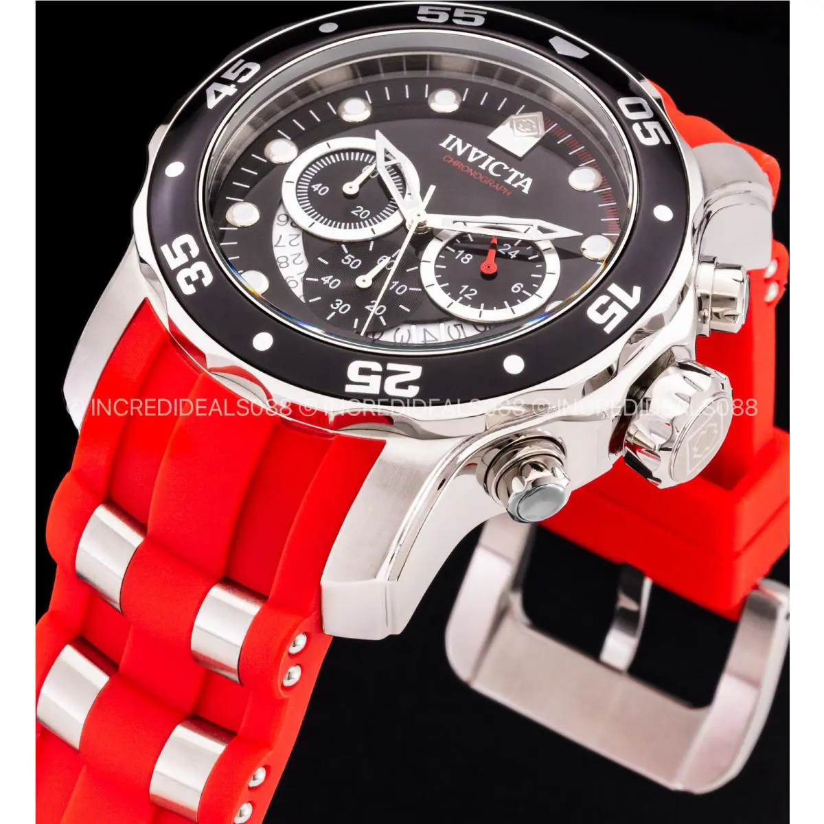 Invicta Men Pro Diver Chronograph Black Dial Silver Red Orange Strap SS Watch - Dial: Black, Silver, Band: Red, Bezel: Black, Silver