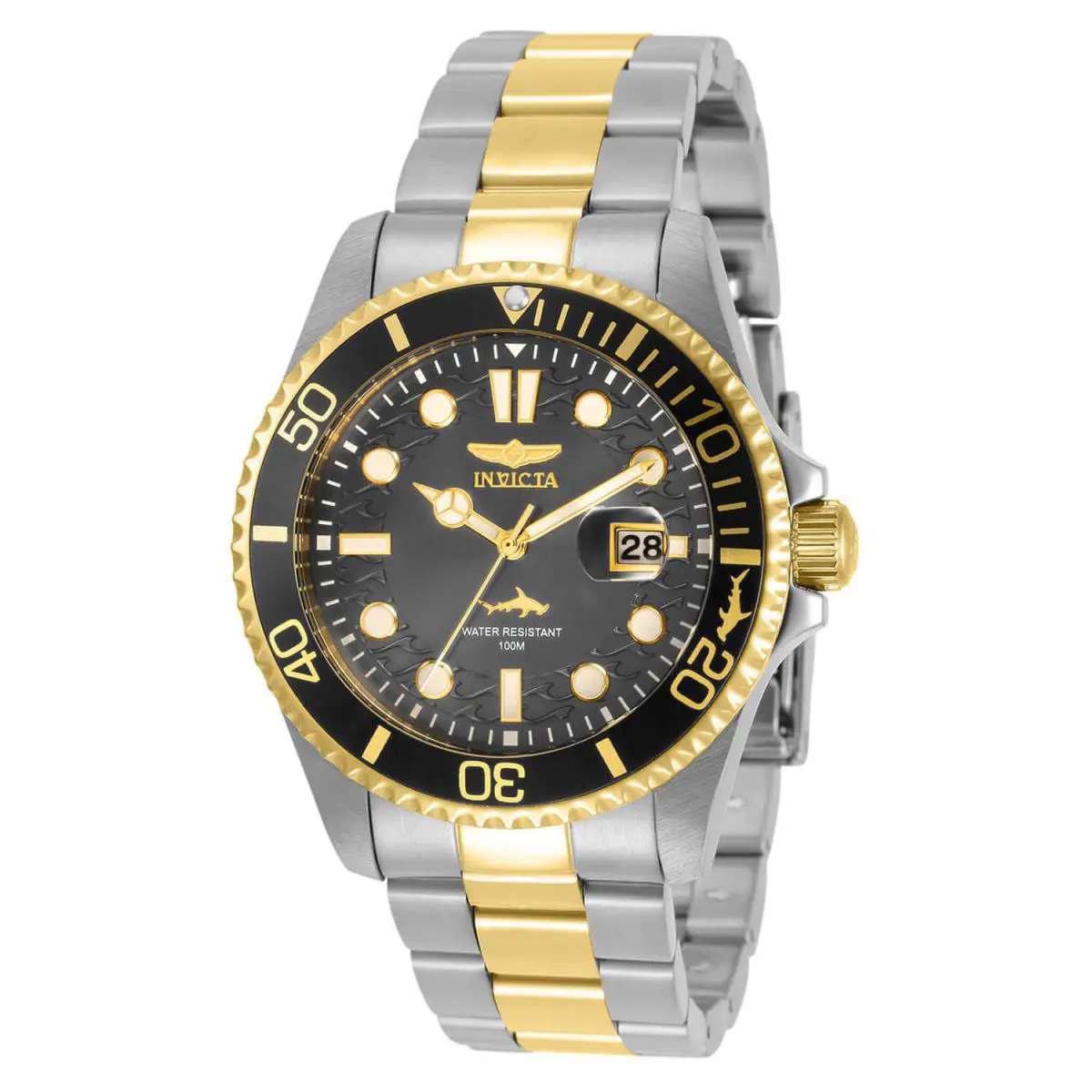 Invicta Men`s Watch Pro Diver Quartz Charcoal Dial Two Tone Steel Bracelet 30809 - Face: Charcoal, Dial: Gold, Black, Band: Silver, Gold