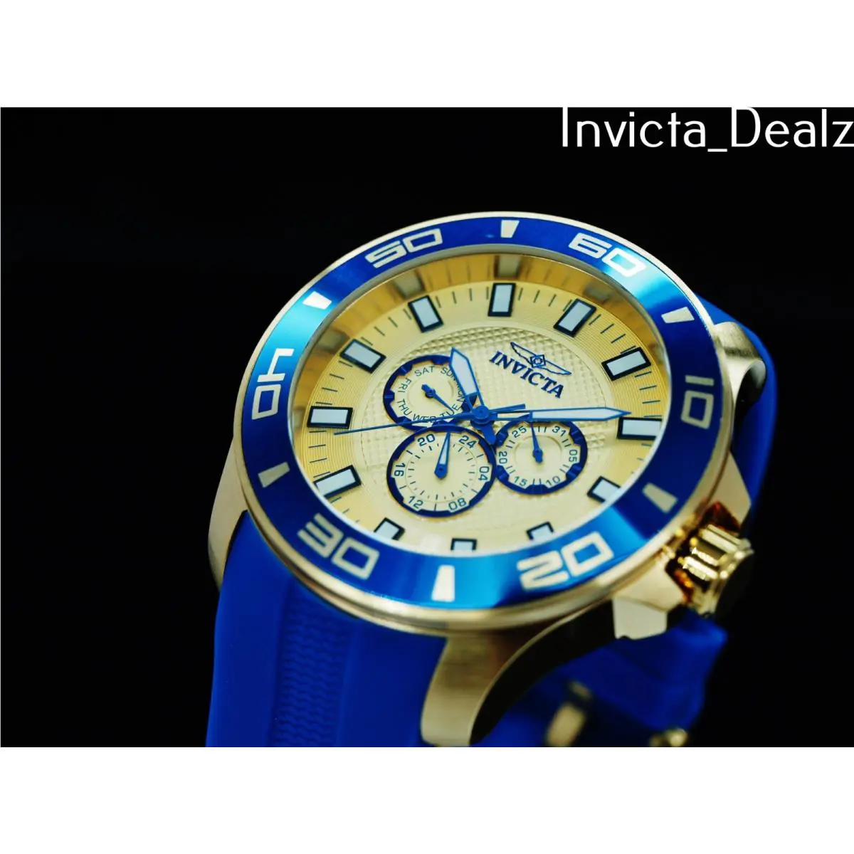 Invicta Men`s 50mm Pro Diver Quartz Gold Dial Blue/gold Tone Stainless St Watch