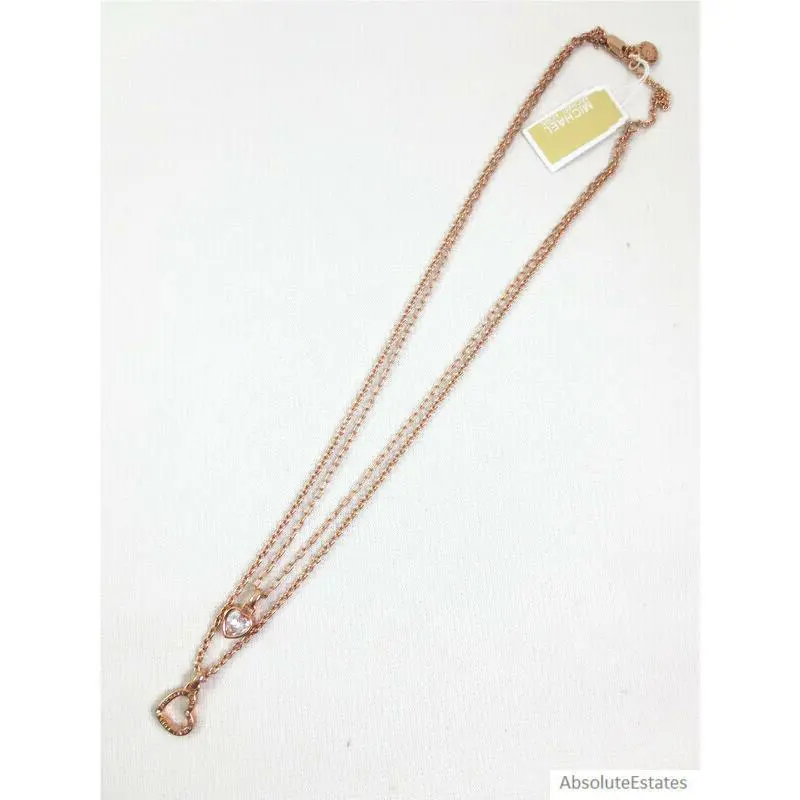 Michael Kors Rose Gold Crystal Double Heart Layer Chain Necklace MKJ7803791