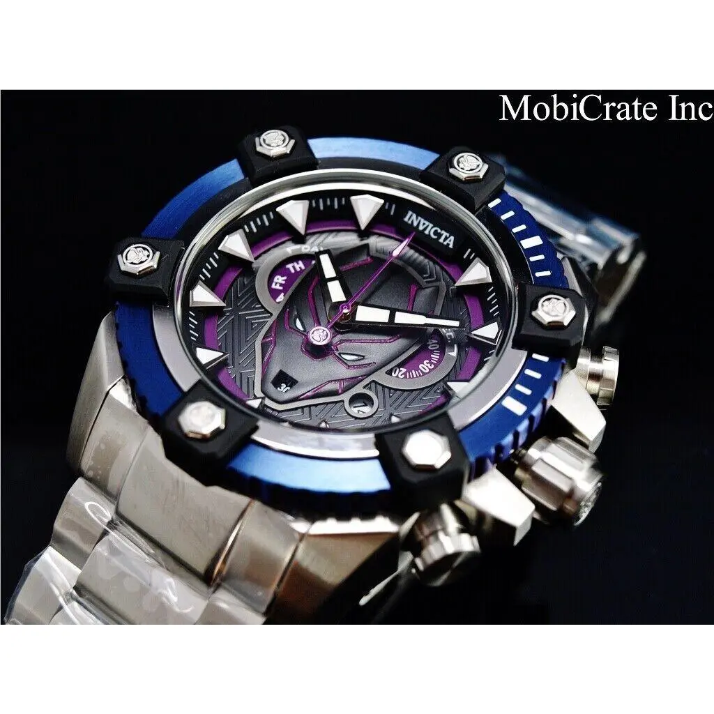 Invicta Men 63mm Marvel Black Panther Wakanda Forever Swiss Chrono SS Watch - Dial: Multicolor, Band: Silver, Bezel: Blue