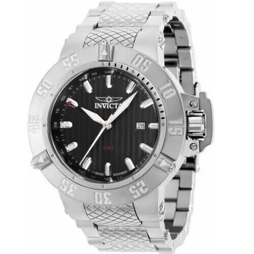 Invicta Men`s Subaqua Round Stainless Steel Diver Black Dial Gmt Watch 37212 - Dial: Black, Band: Silver, Bezel: Silver