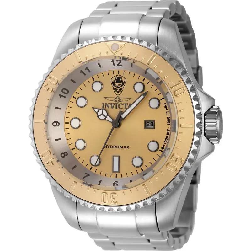 Hydromax Gold Dial Date Men`s Watch Silver SS Link 1000M Invicta Professional