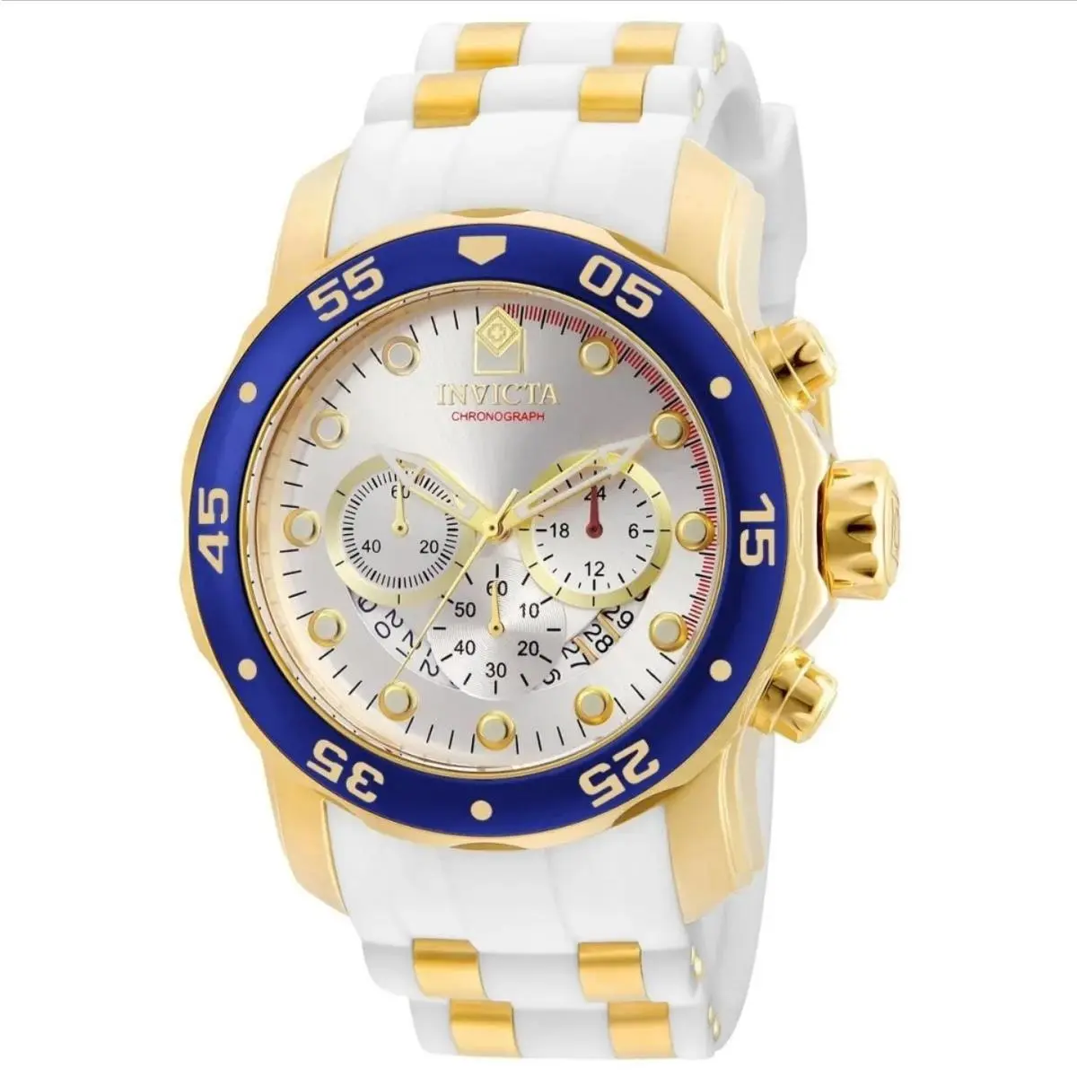 Invicta Men`s Watch Pro Diver Scuba Chrono Rubber Strap 20293 48mm - Silver, Dial: Silver, Band: Yellow, White