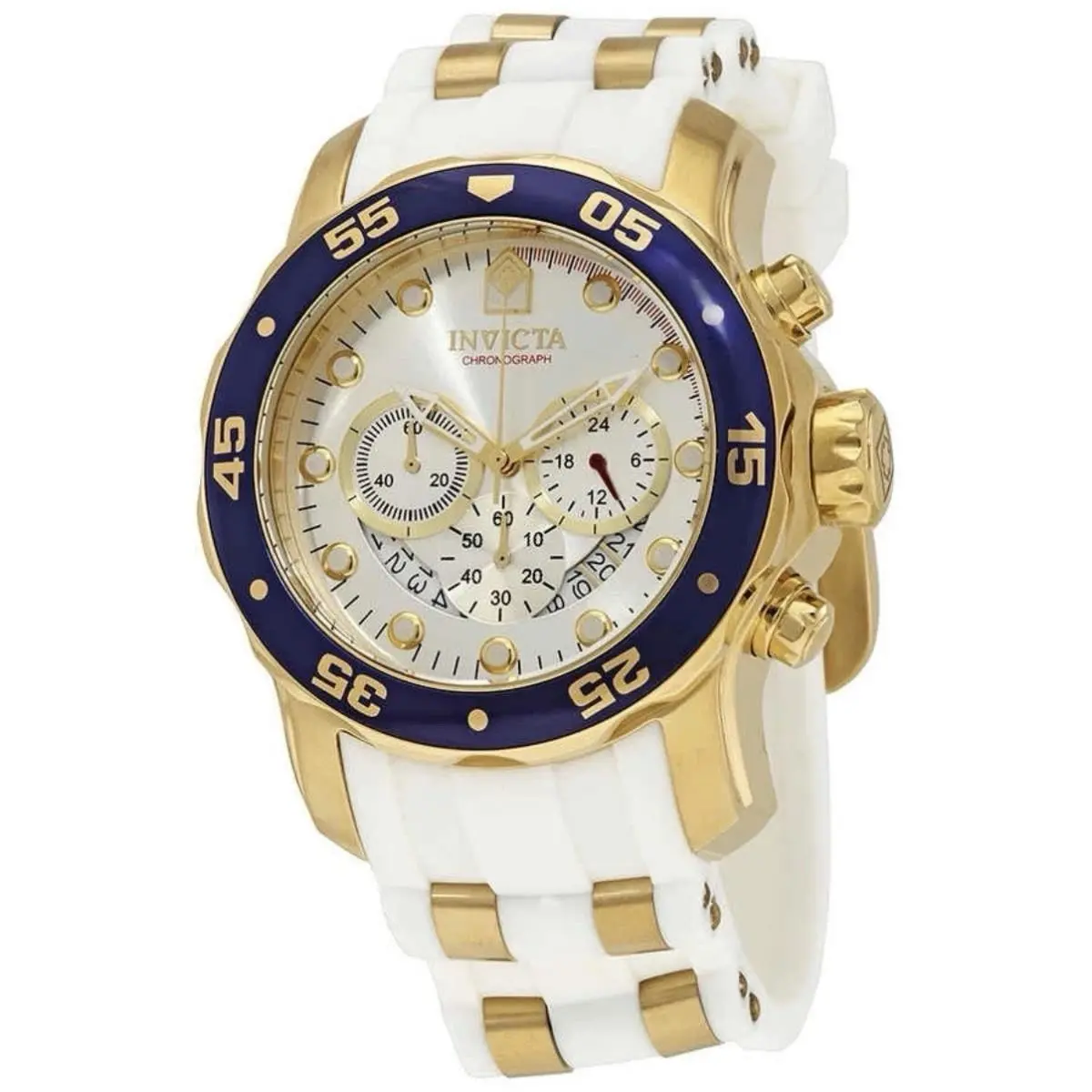 Invicta 20293 Pro Diver Chronograph Silver Dial Watch Mens Watch Quartz Watch - Dial: Silver, Band: White, Bezel: Gold-tone