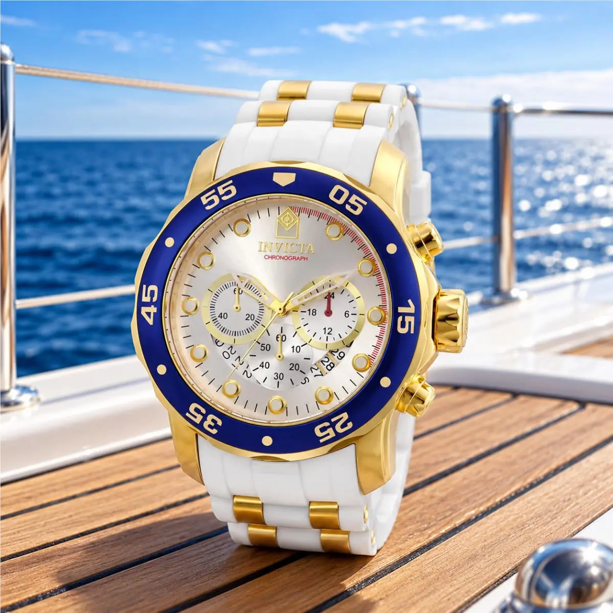 Invicta Pro Diver Scuba Men`s 48mm White Gold Dark Blue Bezel Chronograph 20293