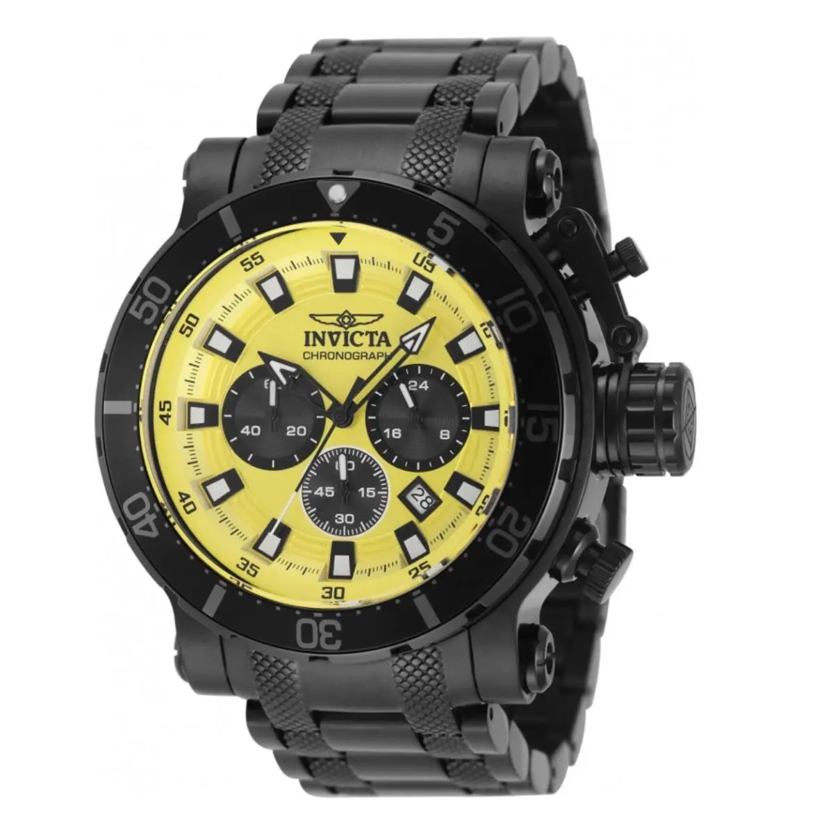 Invicta Coalition Forces Night Hawk Yellow Men`s 52mm Chrono Watch Black 49229 - Dial: Black, White, Yellow, Band: Black, Bezel: Black, Gray