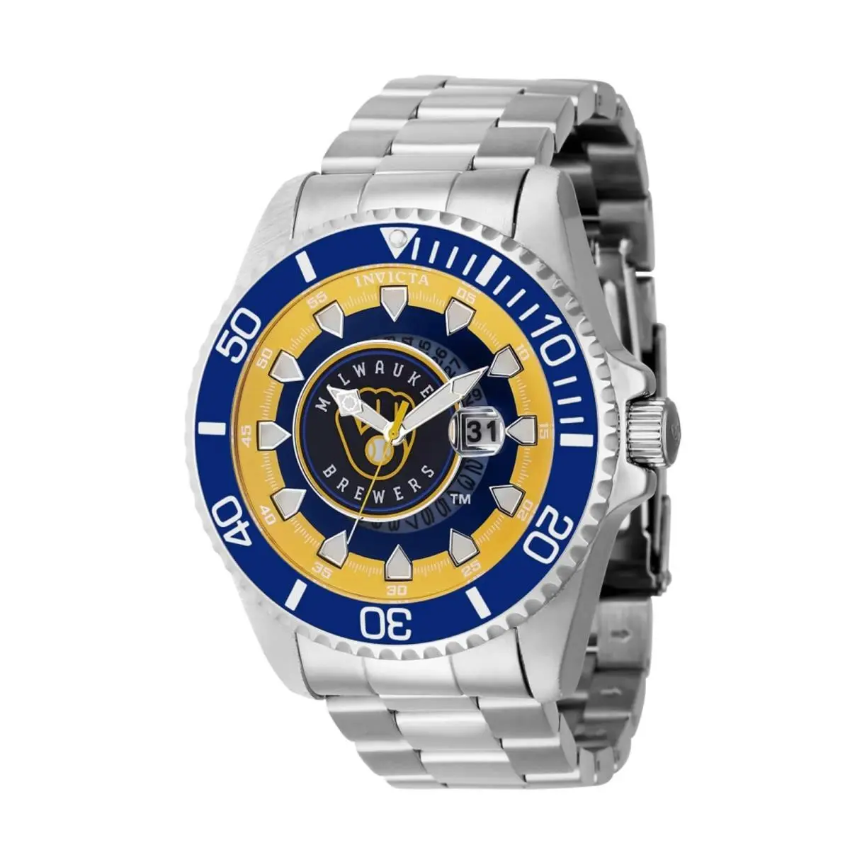 Men`s Watch Mlb Milwaukee Brewers Rotating Bezel Silver Bracelet 43469 by Invicta