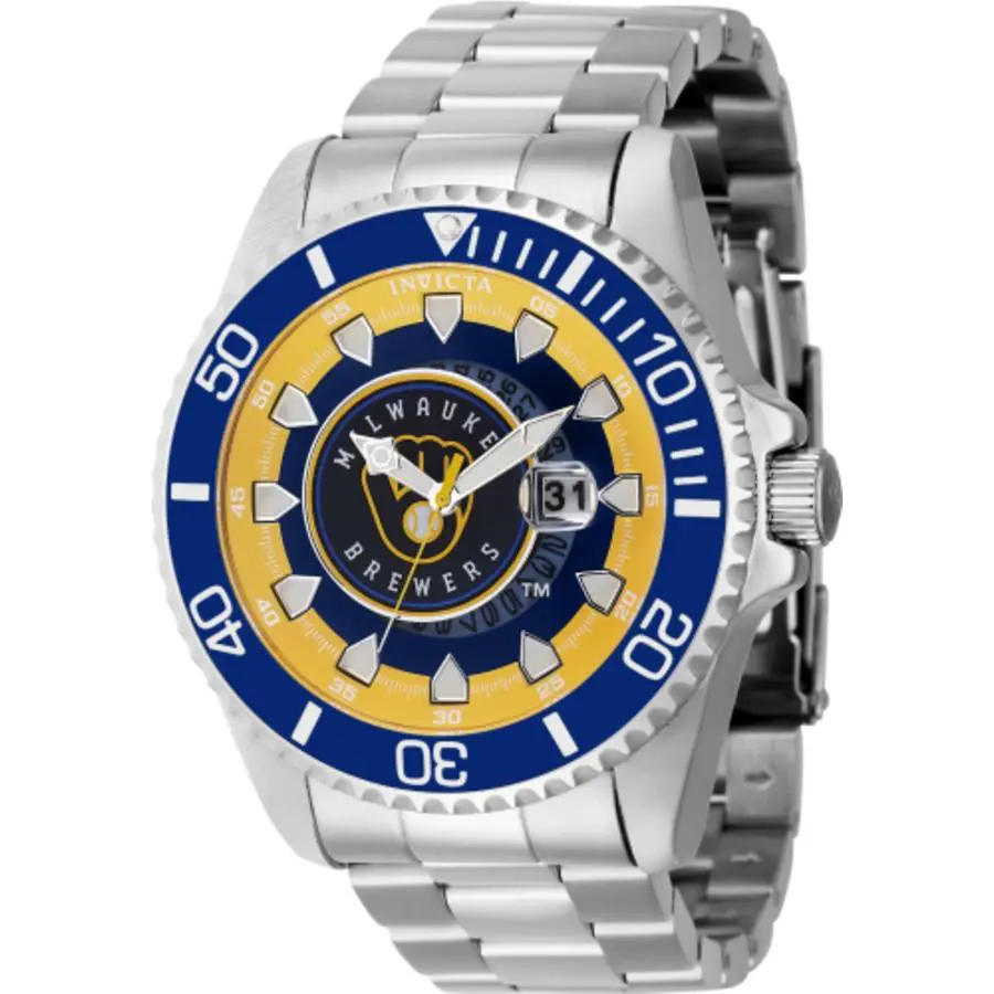 Invicta Mlb Milwaukee Brewers Quartz Men`s Watch 43469 - Dial: Yellow and Silver and White and Blue, Band: Silver-tone, Bezel: Silver-tone
