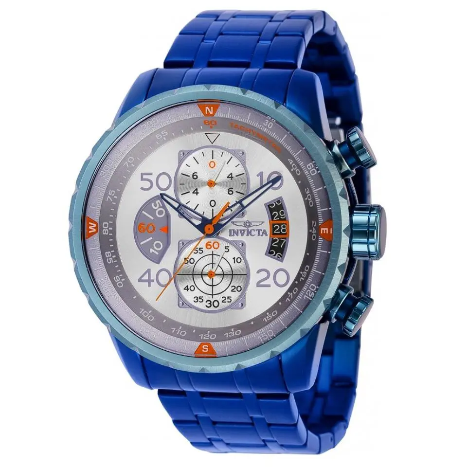 Invicta Aviator Chronograph Quartz Silver Dial Blue Tone Men`s Watch 40707 - Blue, Dial: Silver, Band: Blue