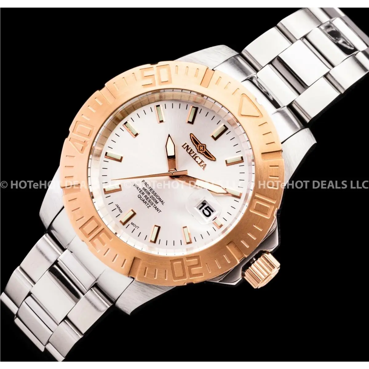 Invicta Men Pro Diver Ocean Baron Rose Gold Bezel Silver SS Bracelet 200M Watch