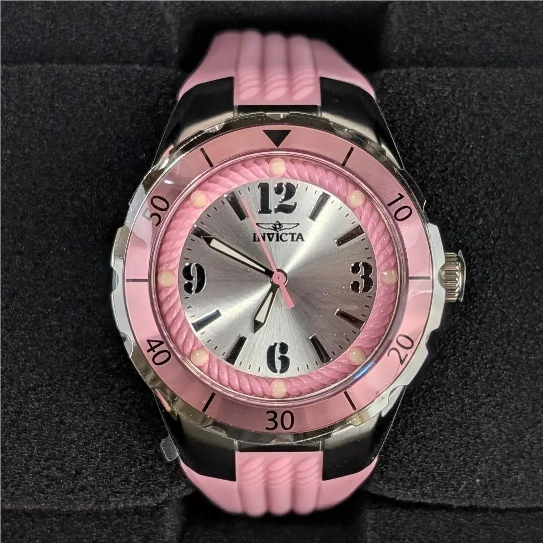 Invicta Angel Halo 38mm Women`s Watch Silver Tone Pink Dial Silicone Strap 17480