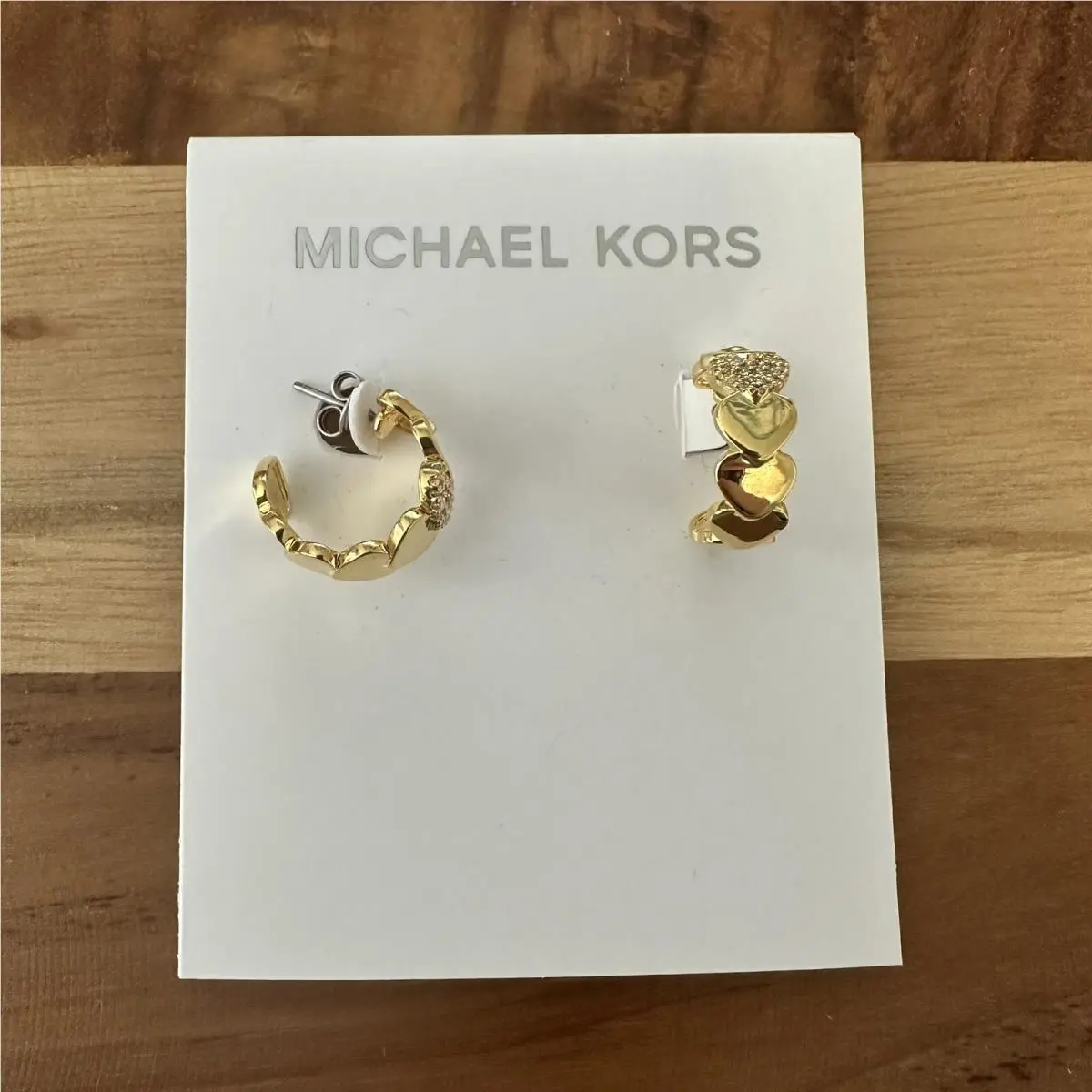 Gold Plated Over Brass Stacked Heart Hoop Earrings Logo Crystal by Michael Kors