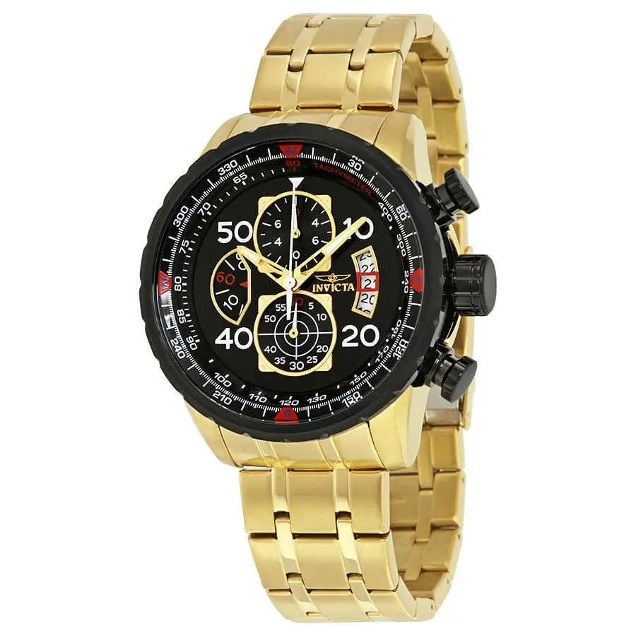 Invicta Aviator Chronograph Black Dial Gold-plated Men`s Watch 17206 - Dial: Black, Band: Gold-tone, Bezel: Gold-plated