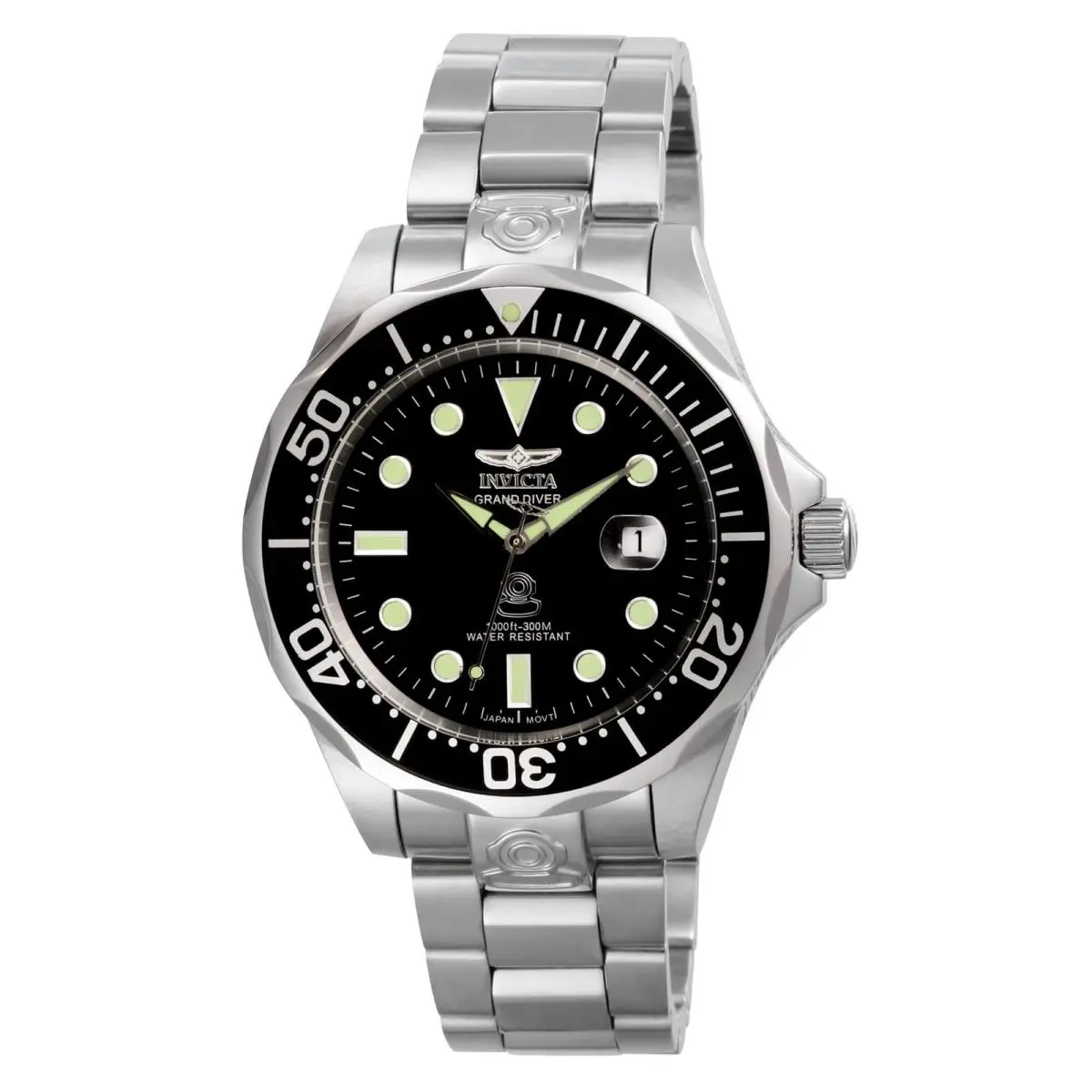 Invicta Men`s Watch Grand Diver Automatic Black Dial Steel Bracelet 3044 - Black, Dial: Black, Band: Silver