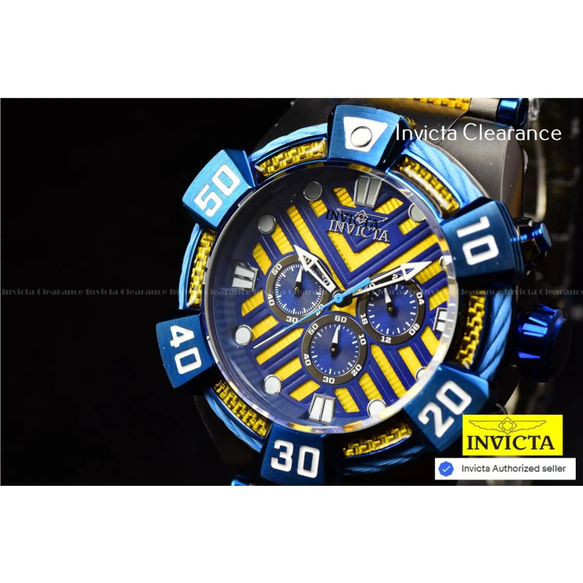 Invicta Bolt Men`s Chronograph Yellow Blue Dial Two Tone SS Watch 52mm