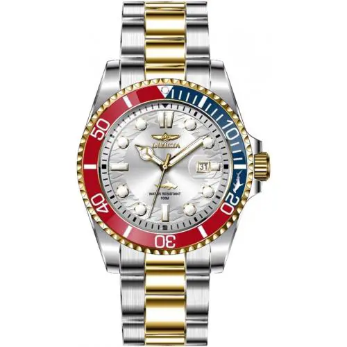 Invicta Pro Diver Latam Exclusive Quartz Silver Dial Pepsi Bezel Men`s Watch - Dial: Silver-tone, Band: Two-tone (Gold and Silver-tone), Bezel: Silver-tone