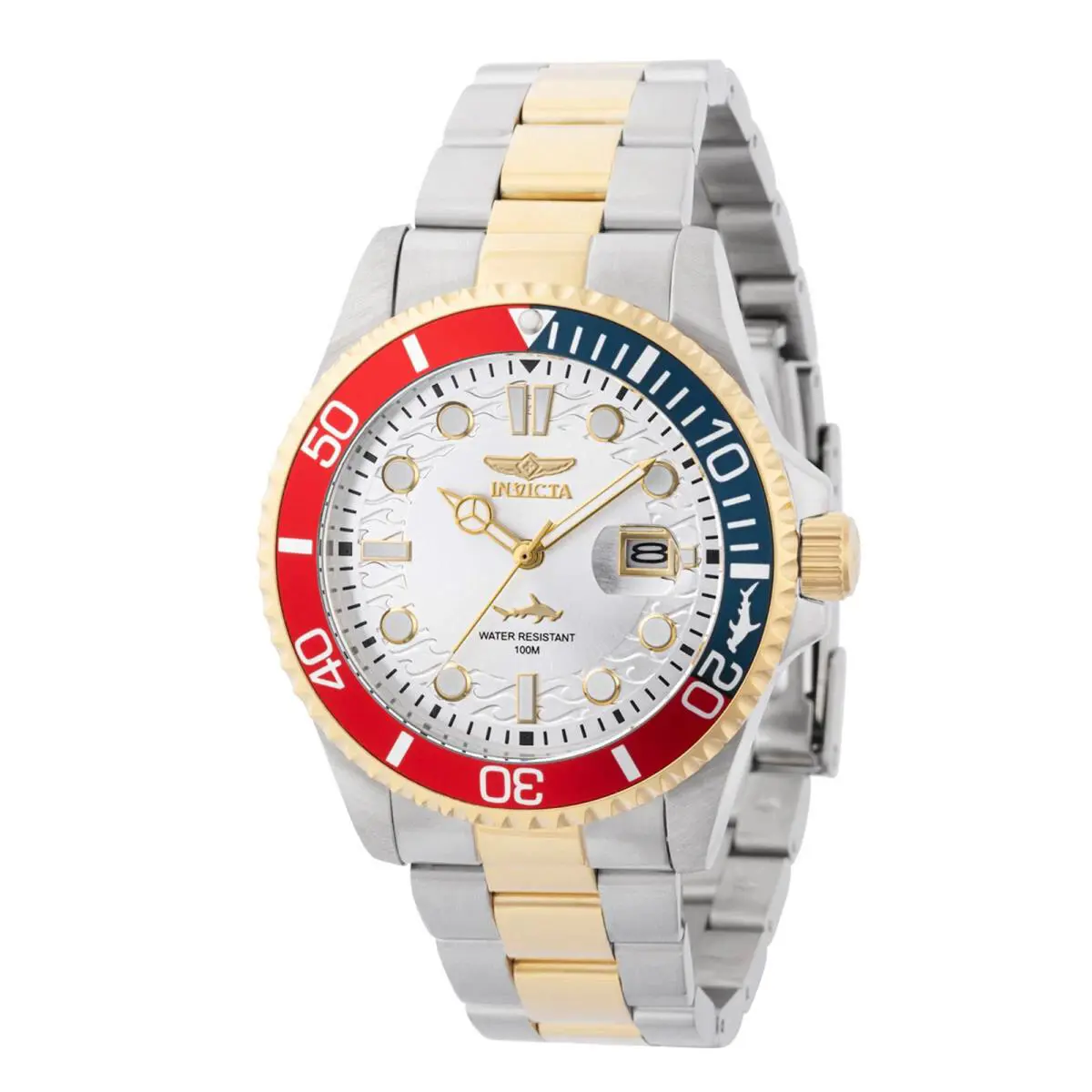 Invicta Men`s Pro Diver Quartz Silver Dial Two Tone Stanley Steel Bracelet 44707 - Dial: Silver, Band: Silver, Yellow, Silver, Bezel: Blue, Red