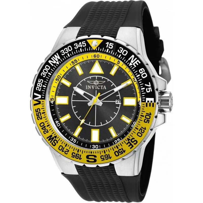 Invicta Men 50mm Aviator Quartz Black/yellow Tone 100m Silicone Strap 100m Watch - Dial: Black, Yellow, Band: Black, Bezel: Black, Silver