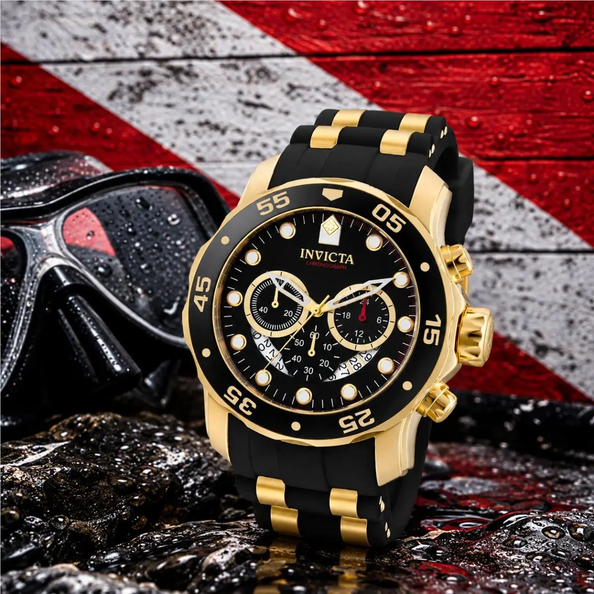 Invicta Pro Diver Scuba Men`s 48mm Black Gold Chronograph Watch 6981 1 Slot Case