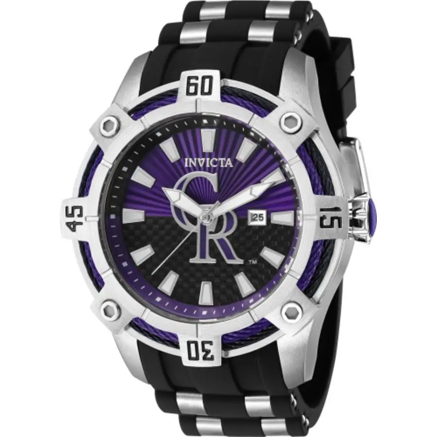 Invicta Mlb Colorado Rockies Quartz Men`s Watch 43267 - Dial: Purple and Black, Band: Two-tone (Black and Silver-tone), Bezel: Silver-tone