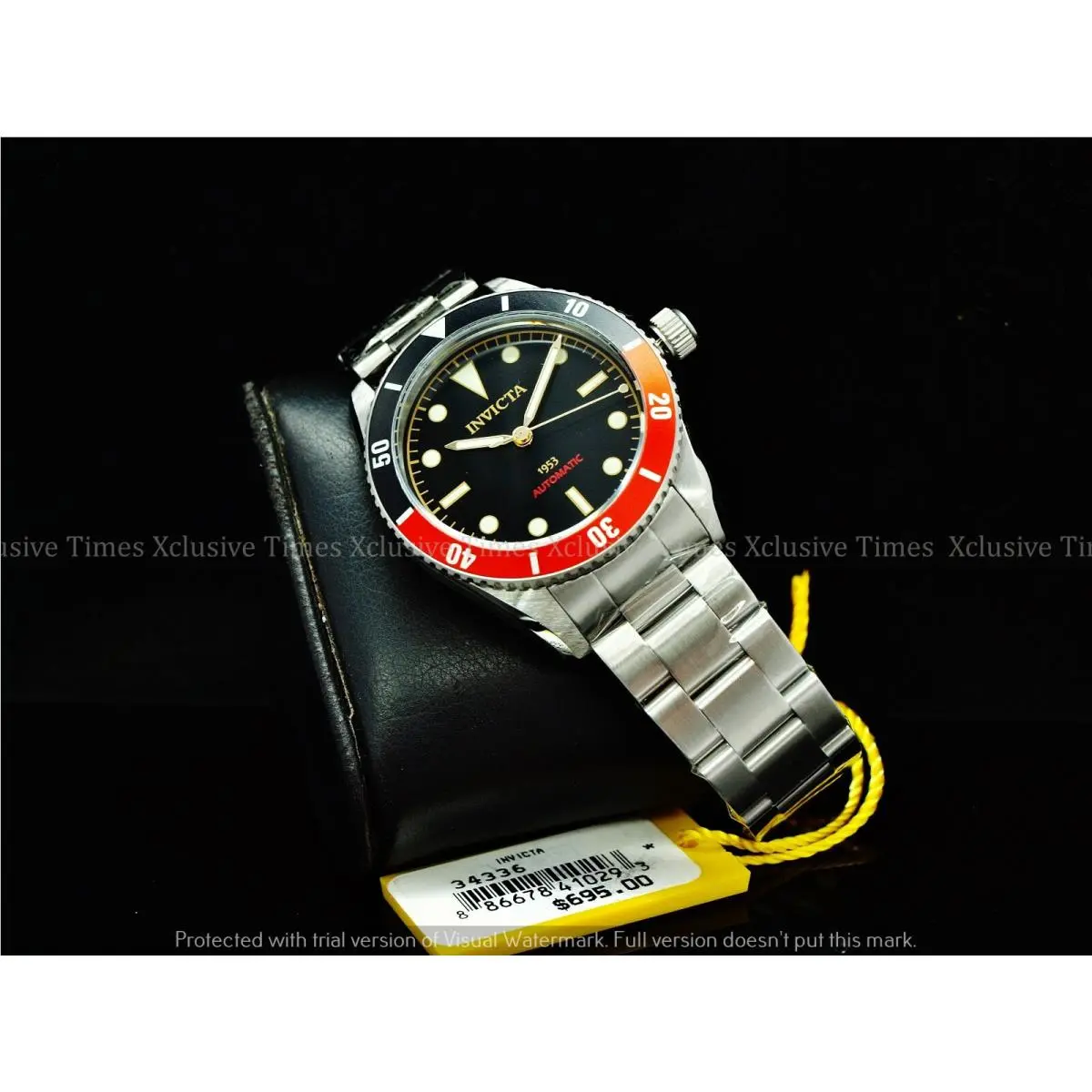 Invicta 40mm Mens 1953 Pro Diver Automatic Orange Bzl Black Dial SS Watch - Dial: Black, Band: Silver, Black, Bezel: Black, Orange