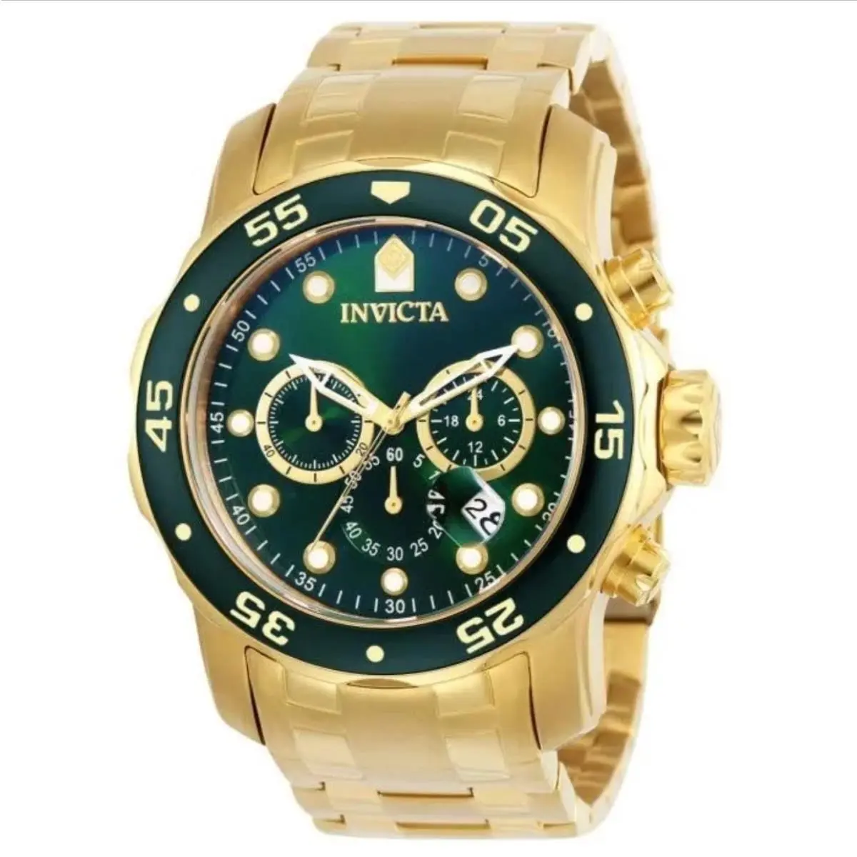 Invicta Men`s 48mm Pro Diver Scuba Chronograph Green Dial Gold Plated Watch 0075