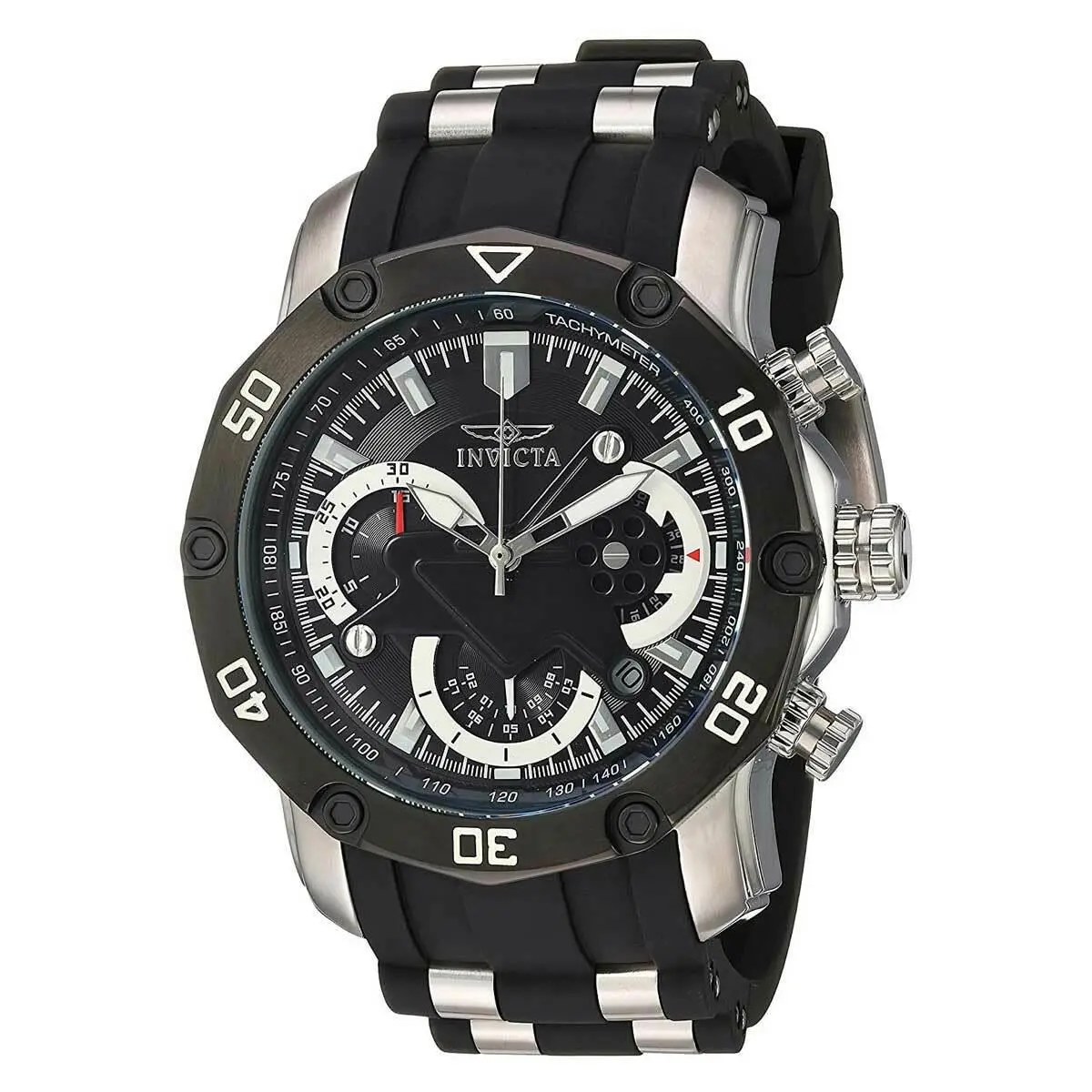Invicta 22797 Men`s Chrono Black Dial Steel Silicone Band Watch - Dial: Black, Band: Silver, Black