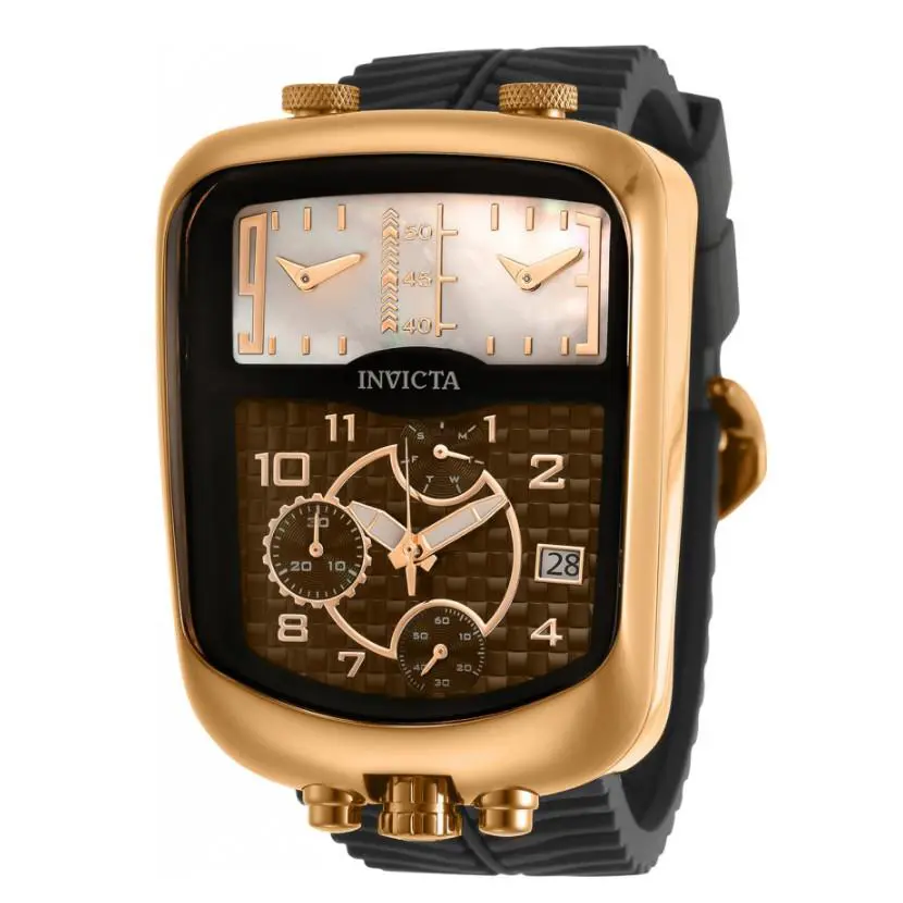 Invicta 29706 Men`s 42mm S1 Rally Dakar Chronozone Rose Gold Triple Time Watch - Dial: Brown, Band: Black, Bezel: Rose Gold