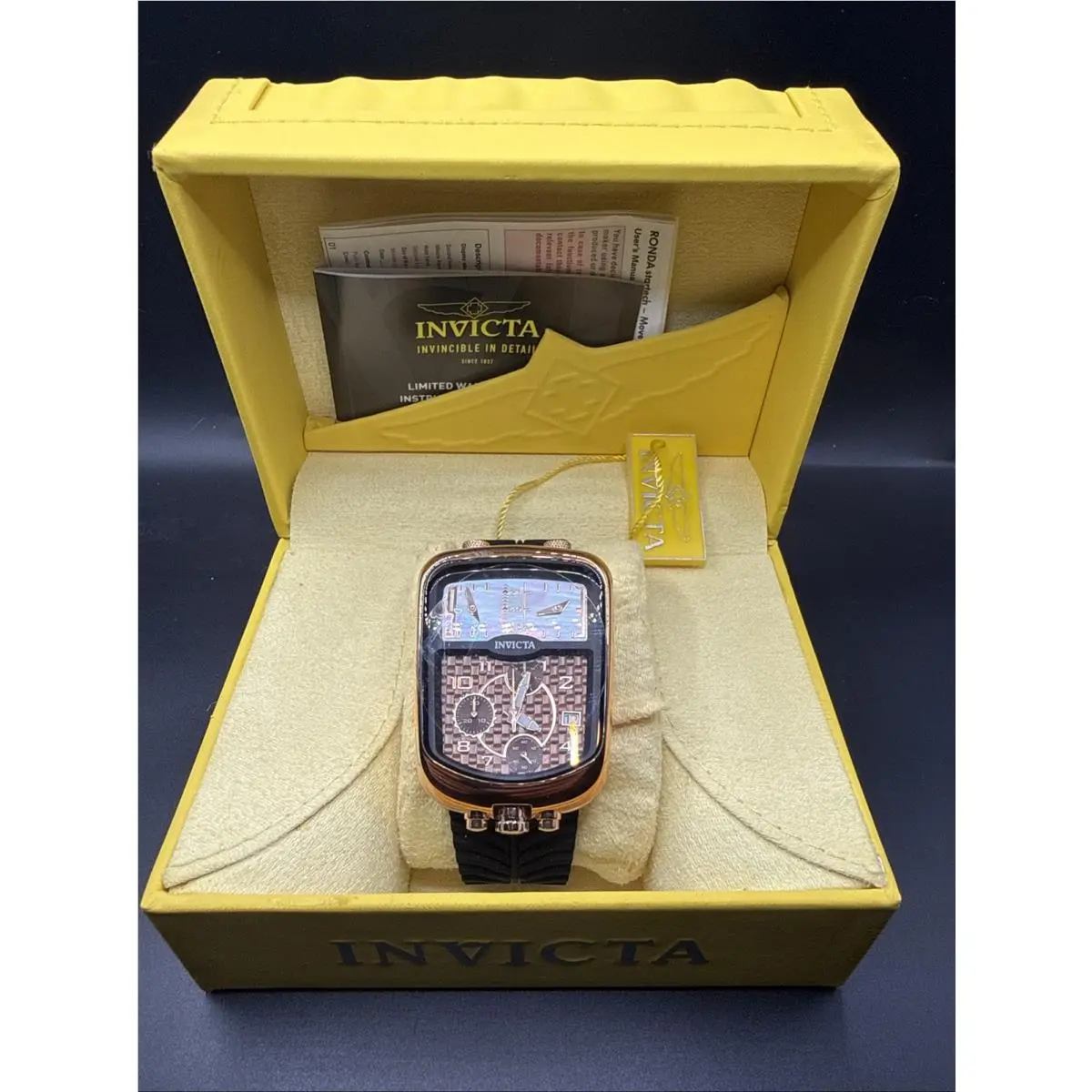 Invicta 29706 Men`s 42mm S1 Rally Dakar Chronozone Rose Gold Triple Time Watch - Dial: Brown, Band: Black, Bezel: Rose Gold
