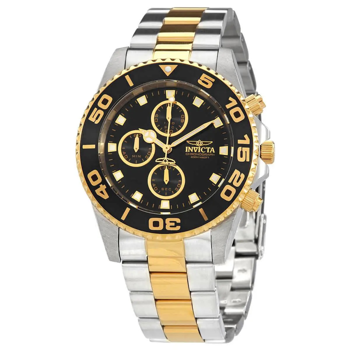 Invicta Pro Diver Chronograph Black Dial Men`s Watch 28691 - Dial: Black, Band: Two-tone (Silver-tone and Gold-tone), Bezel: Two-tone (Silver-tone and Gold-tone)
