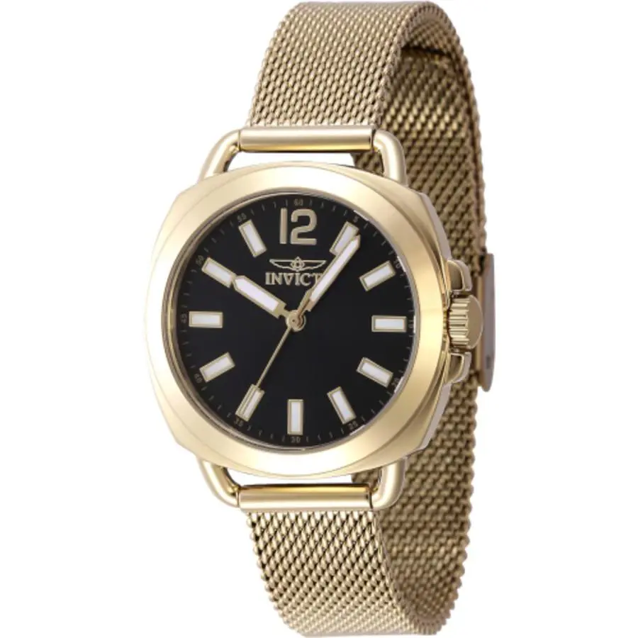 Invicta Wildflower Quartz Black Dial Ladies Watch 47324 - Dial: Black, Band: Gold-tone, Bezel: Gold-tone