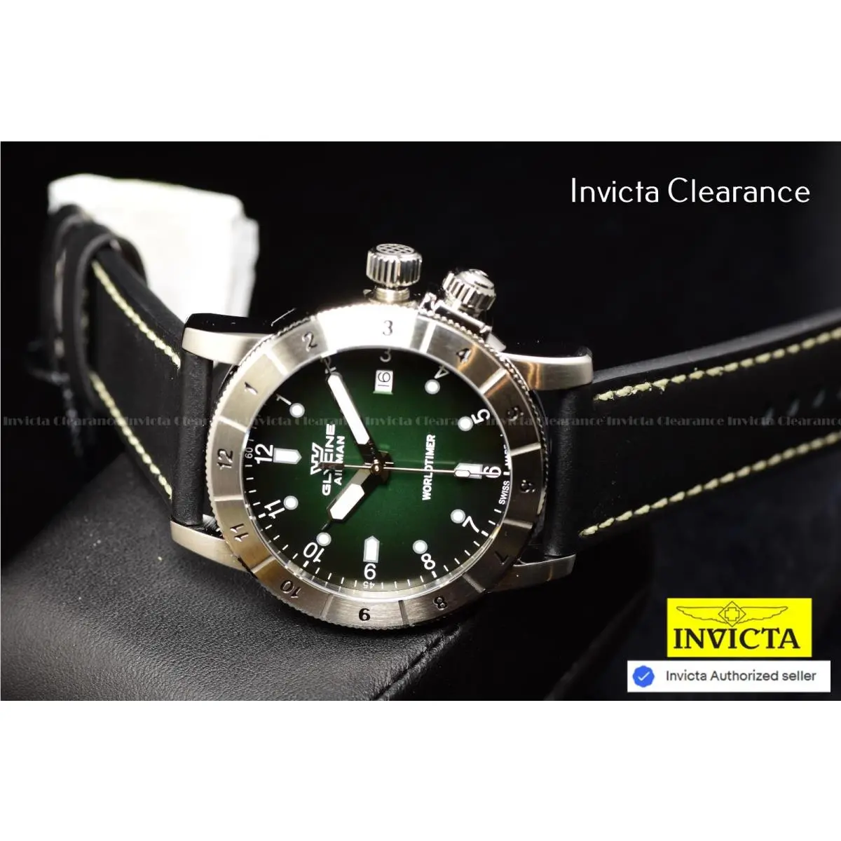 Glycine Airman Contemporary Worldtimer Quartz Green Dial Men`s Watch