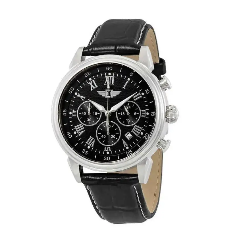 Men`s Watch Chrono Black Dial Leather Strap Silver Case by Invicta