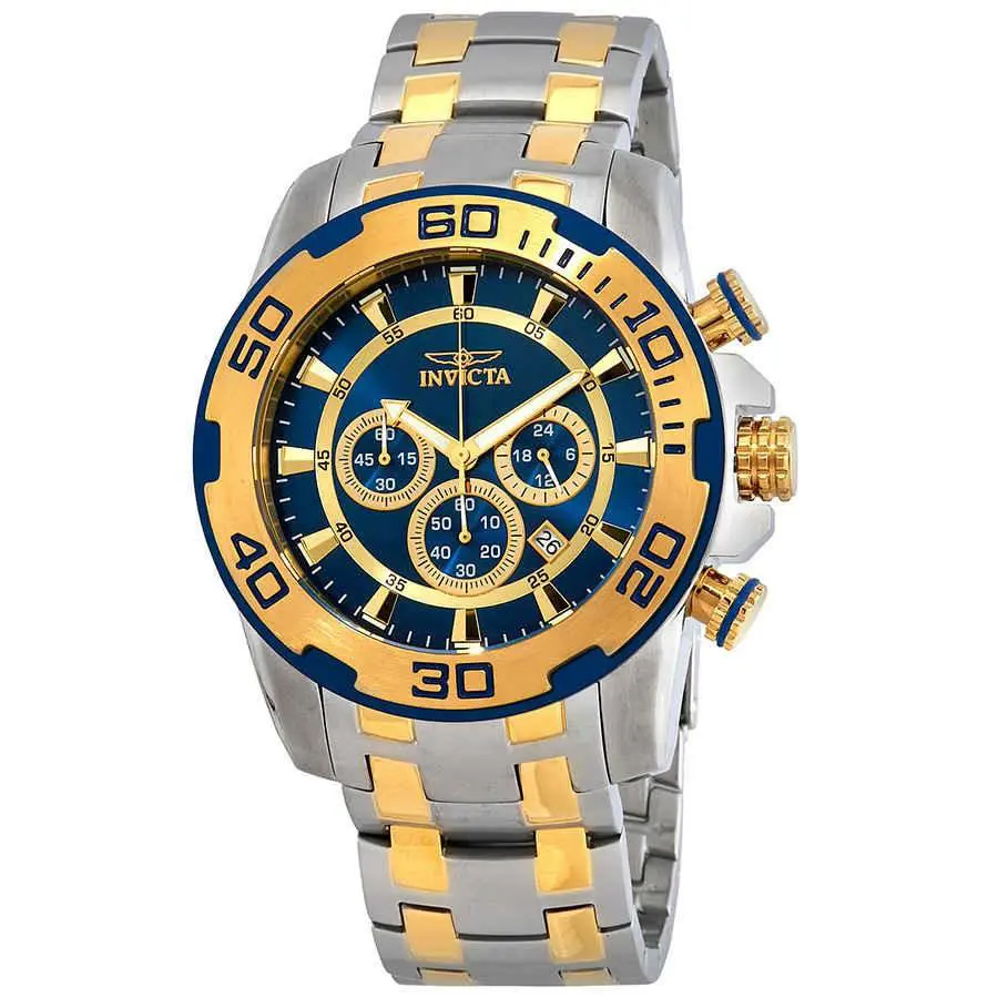 Invicta Pro Diver Chronograph Dark Blue Dial Men`s Watch 26296 - Dial: Dark Blue, Band: Two-tone (Silver-tone and Yellow Gold-tone), Bezel: Silver-tone