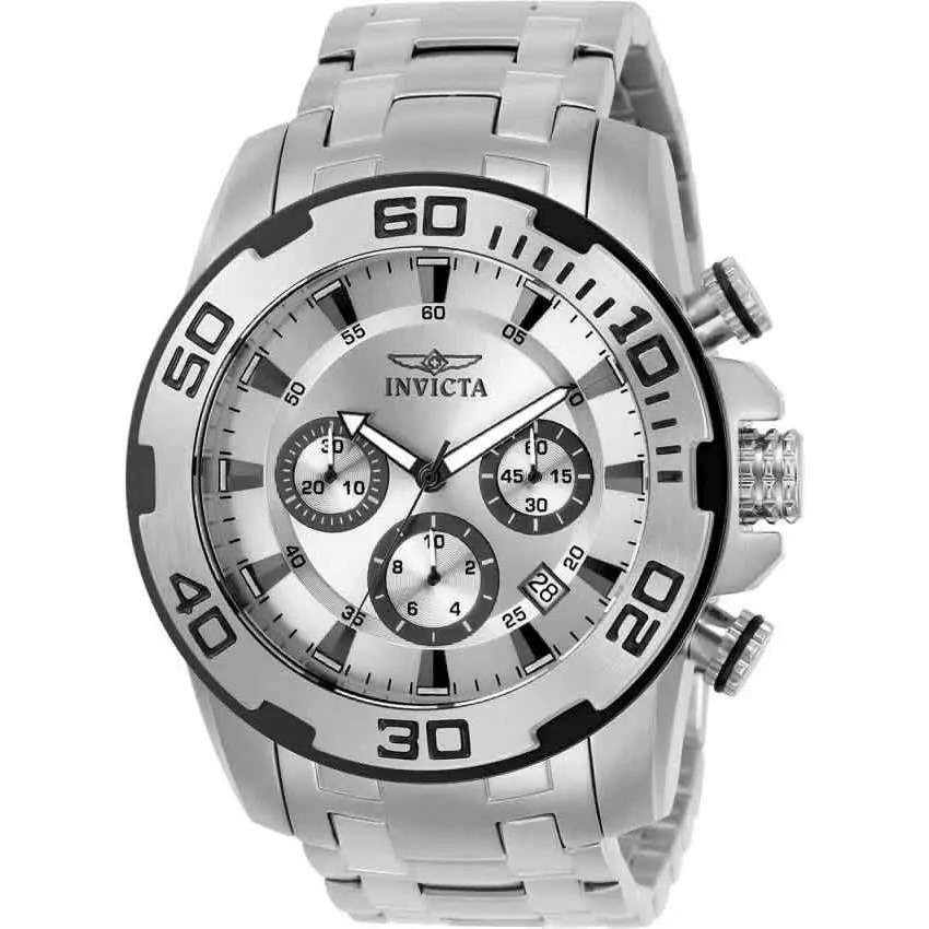 Invicta Pro Diver Chronograph Silver Dial Men`s Watch 22317 - Dial: Silver, Band: Silver-tone, Bezel: Silver-tone