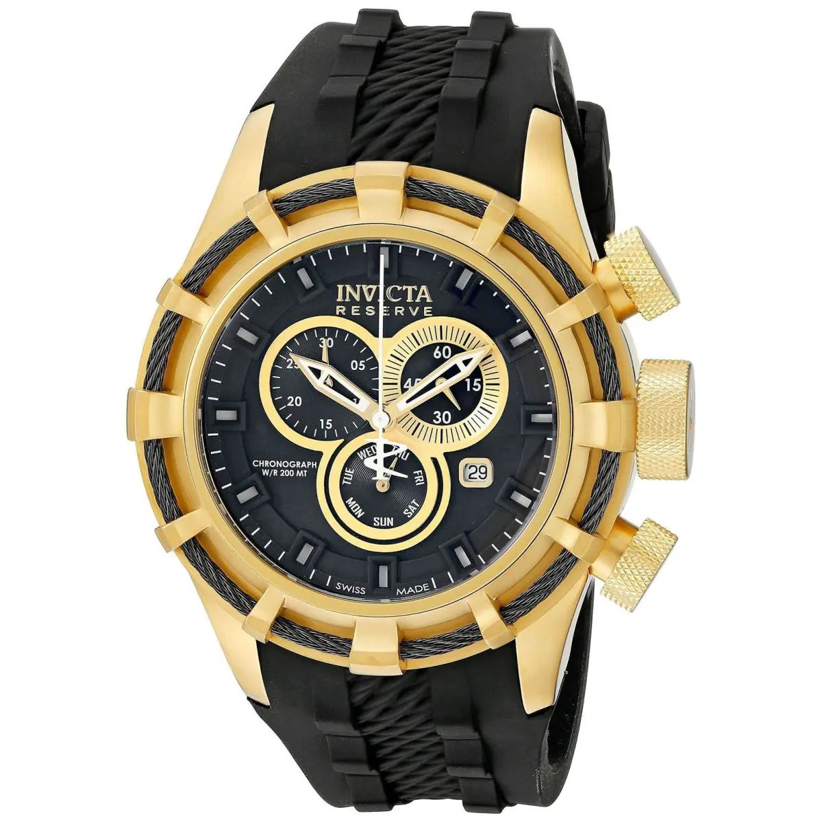 Swiss Made Invicta 15786 Reserve Bolt Chronograph 18K Yellow Gold Pl Men`s Watch - Dial: Black, Band: Black, Manufacturer Band: Black