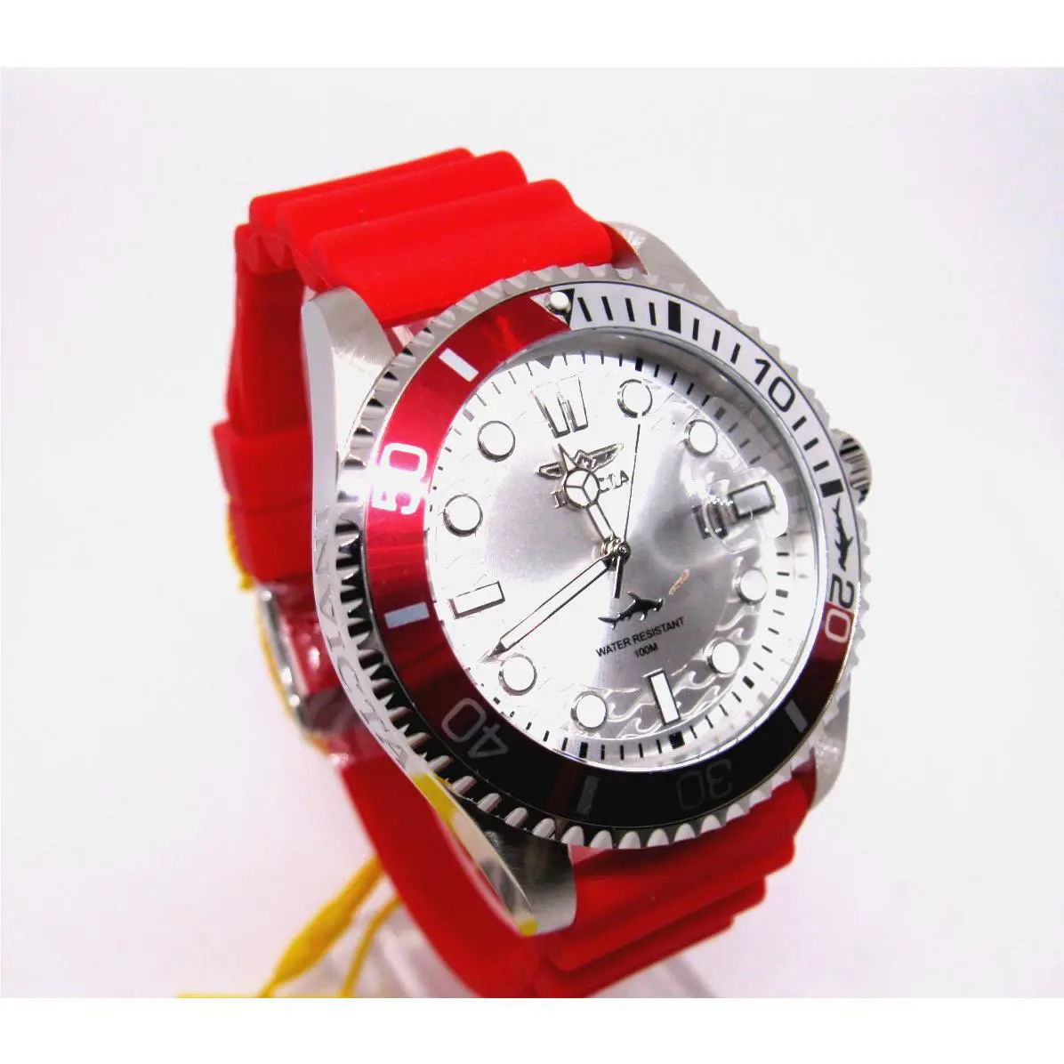 Invicta Shark Pro Diver Silver Dial Red Silicone Strap Men`s Watch- 47167 - Dial: Silver, Band: Red, Bezel: Red, Silver