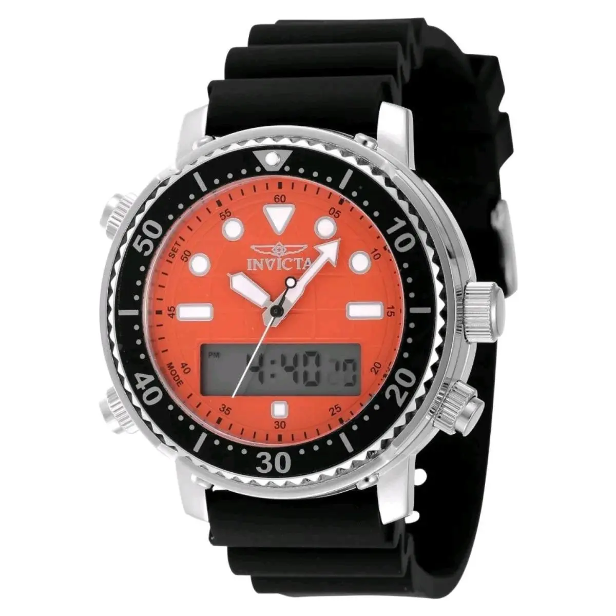 Invicta Pro Diver Digiquartz Men`s Watch 46.5mm Silver/orange 48368 - Dial: Orange, Band: Silver, Bezel: Black