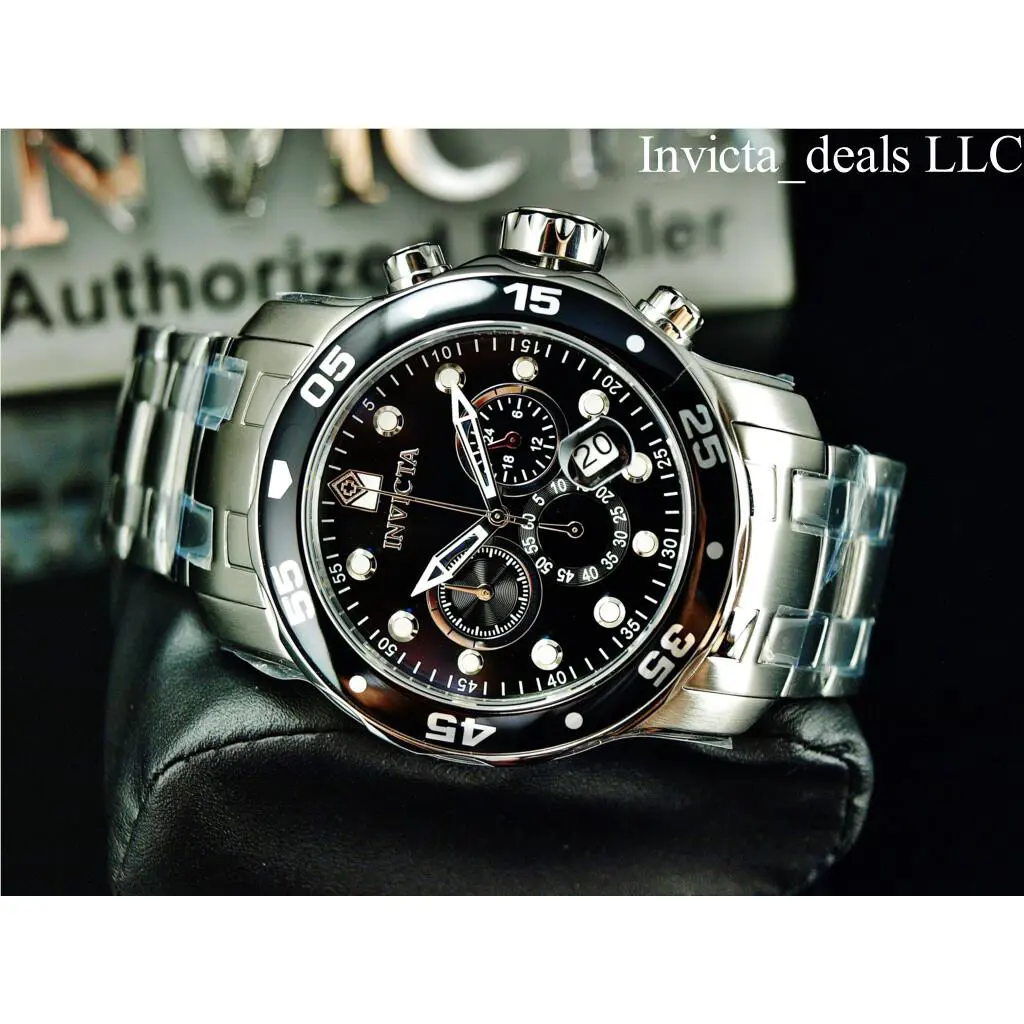 Invicta Men`s 48mm Pro Diver Scuba Chronograph Black Dial Silver Tone 200M Watch