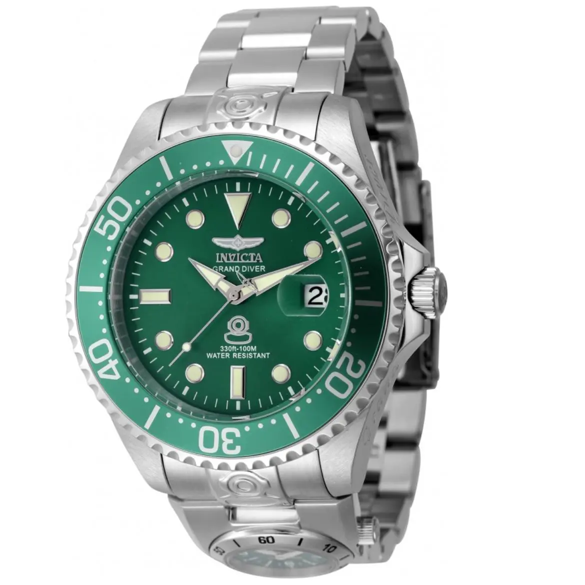 Invicta Mens Grand Diver 47mm Dual Automatic Quartz Green Dial Men`s Watch 45811 - Dial: Green, Band: Silver, Bezel: Green