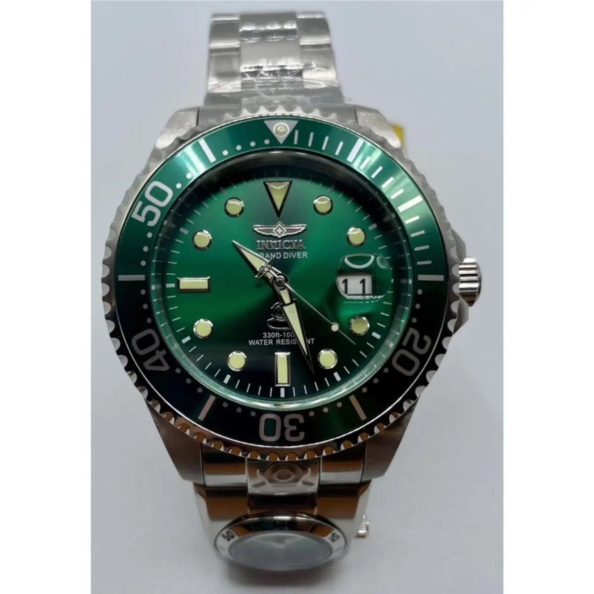 Invicta Mens Grand Diver 47mm Dual Automatic Quartz Green Dial Men`s Watch 45811 - Dial: Green, Band: Silver, Bezel: Green