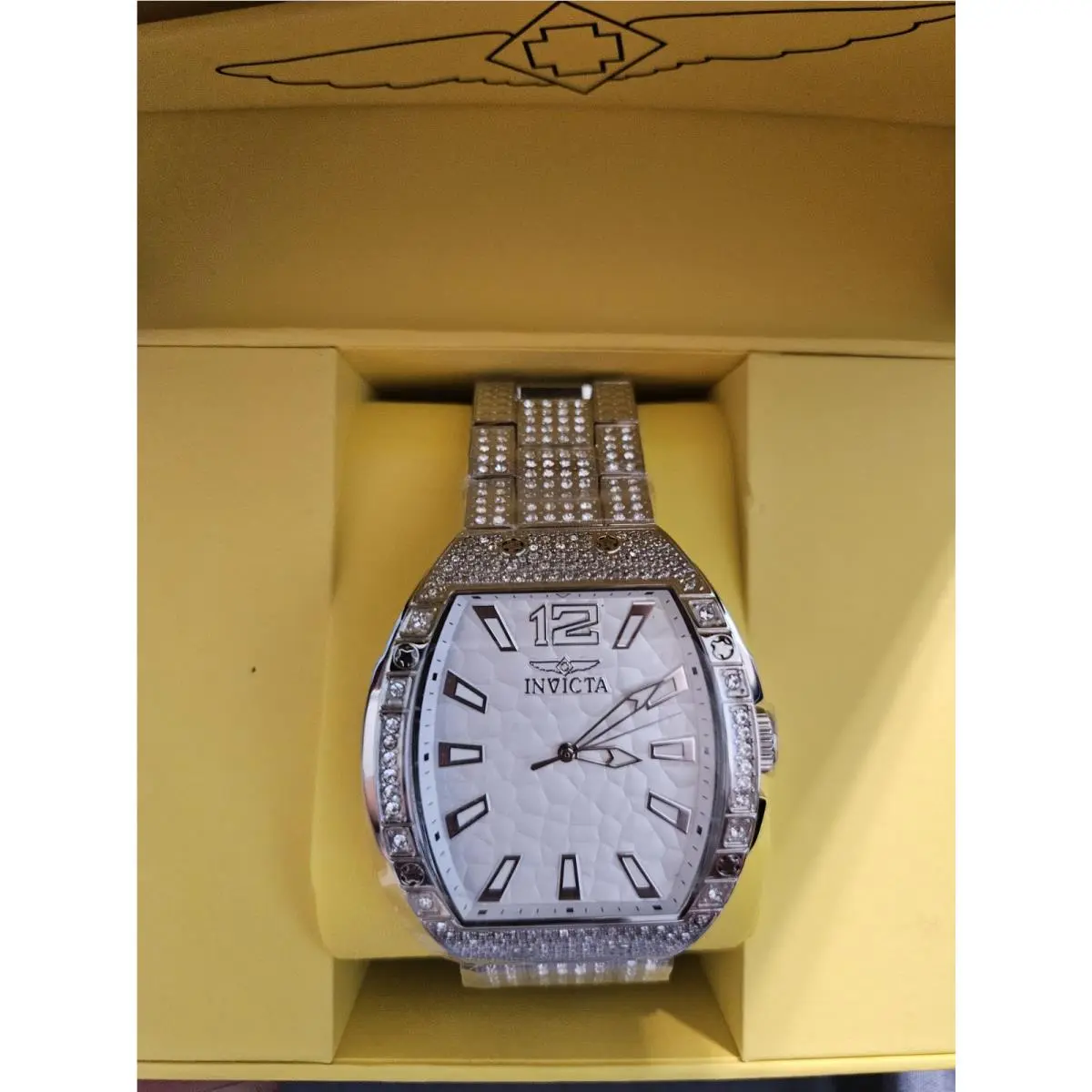 Invicta Racing Men Crystal Accented Silver Tone Tonneau Watch White Dial 47mm
